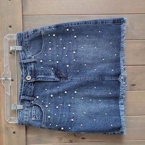Hydraulic denim and pearl mini skirt